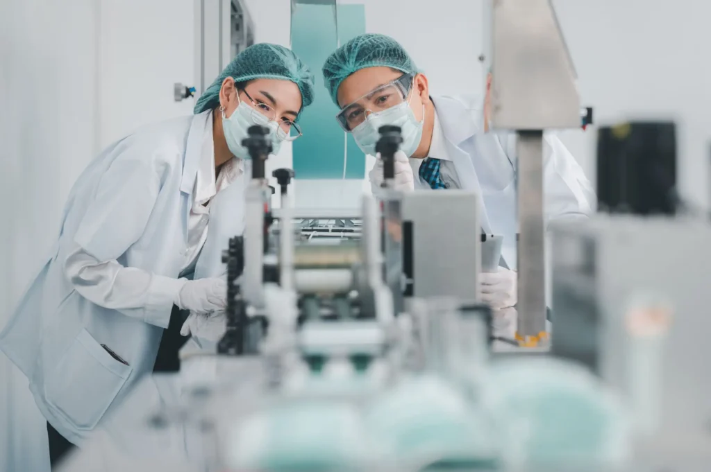 Engineers conducting pre-clinical testing of a novel medical device in a controlled laboratory environment