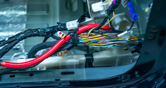 Large wide cable with wires and connectors and terminals in the wiring repair shop and electricians for connecting
