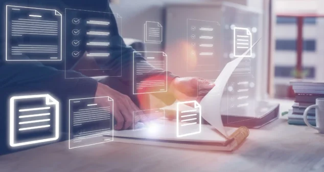 Person reviewing documents at a desk with digital document icons and checklists overlaid, symbolizing workflow automation or digital file management.