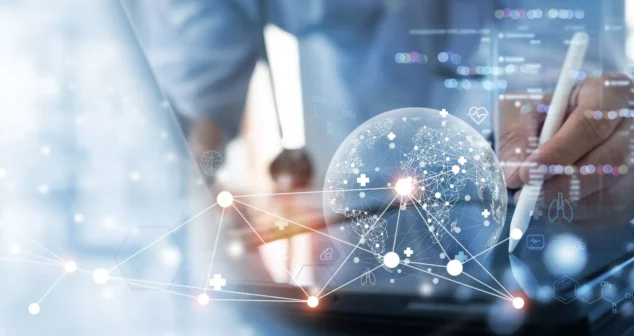 Medical professional using a tablet with AI-powered global health network visualization, showing connected data nodes, medical icons, and digital analytics overlays representing innovative healthcare technology.