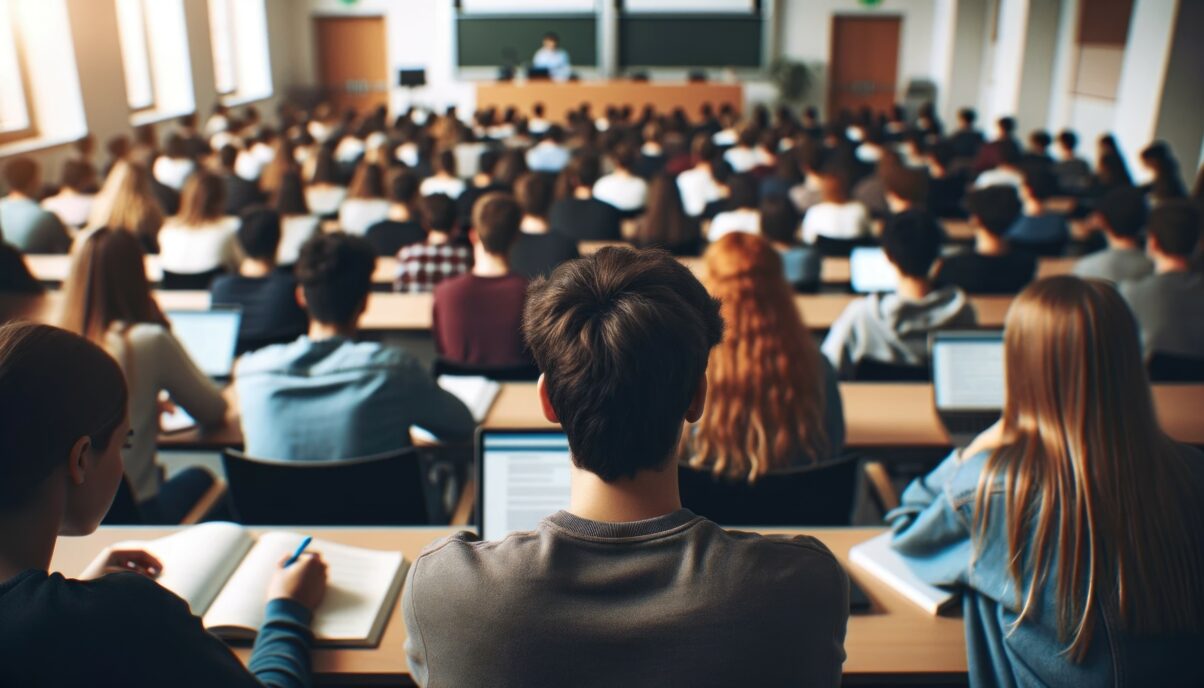 A scene of students attentively sitting in a lecture room at a university from behind