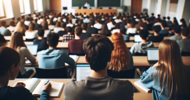 A scene of students attentively sitting in a lecture room at a university from behind