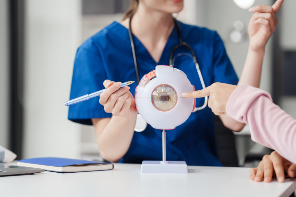 Female Caucasian ophthalmologist explains about eye diseases using the eye model with an Asian female patient At the table in the hospital examination room, Glaucoma, Cataract, Diabetic Retinopathy