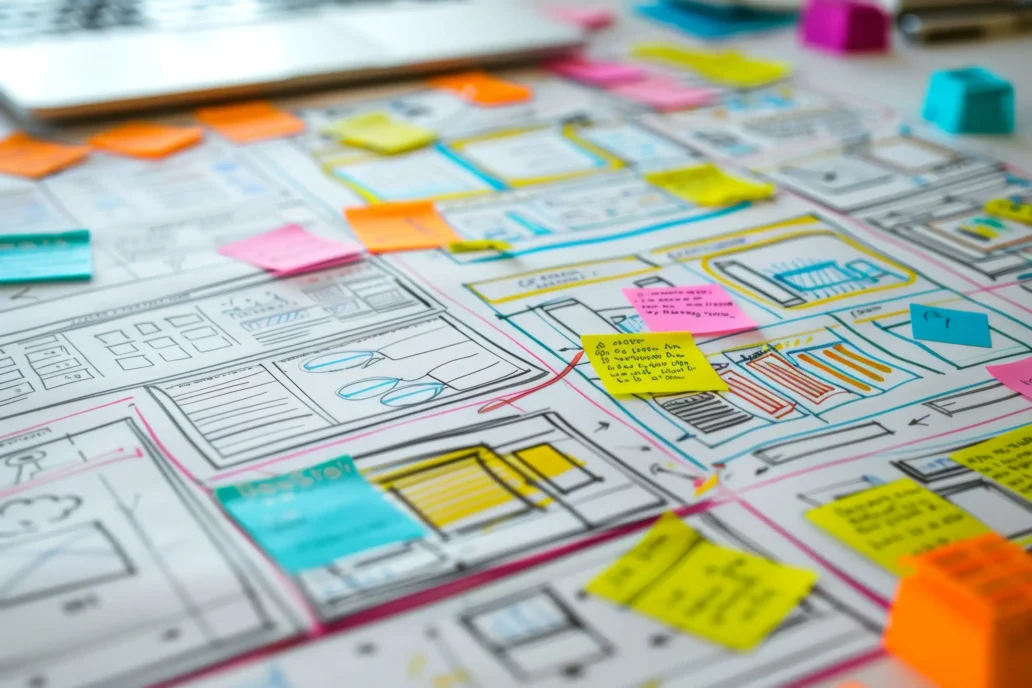 Product development planning with sketches and sticky notes illustrating estimation and decision-making process