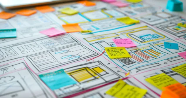 Product development planning with sketches and sticky notes illustrating estimation and decision-making process