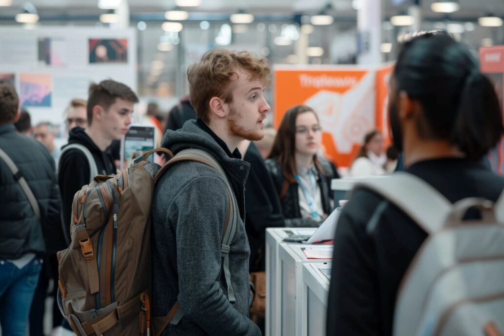 Young man with backpack at a career fair speaking with a representative