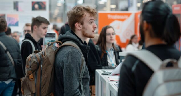 Young man with backpack at a career fair speaking with a representative