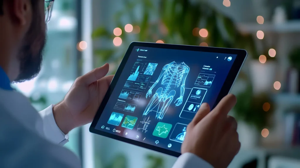 Clinician using a tablet with a medical GUI design showing an anatomical interface, charts, and health metrics to illustrate safe and reliable medical software.