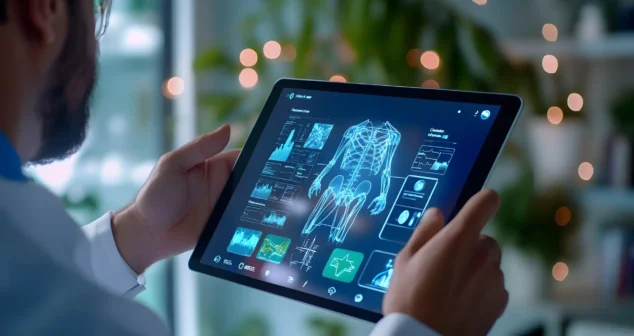 Clinician using a tablet with a medical GUI design showing an anatomical interface, charts, and health metrics to illustrate safe and reliable medical software.
