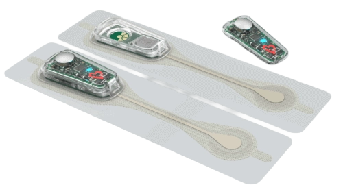 Rendered image of three Carnation Ambulatory Monitor patches in different sizes showing the adhesive backing and clear electronic modules.