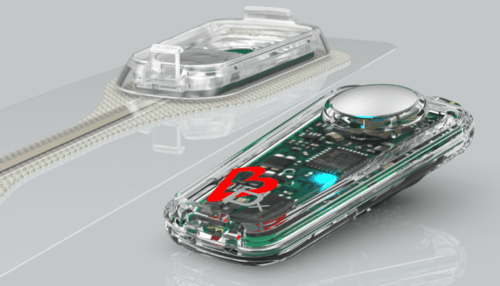 Close-up render of the Carnation Ambulatory Monitor showing the transparent housing, internal electronics and flexible adhesive patch.