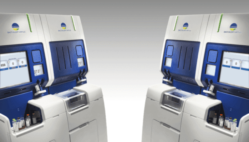 Side-by-side render of BACT/ALERT VIRTUO blood culture instruments highlighting the loading bay, touchscreen interface and modular design.