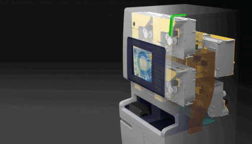 Cutaway render of the BACT/ALERT VIRTUO instrument showing internal robotics, bottle handling system and mechanical components.