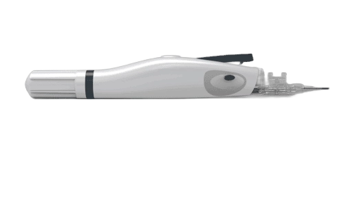 Side view render of the IOL injector handpiece showing its slim housing, actuation button and lens delivery tip.