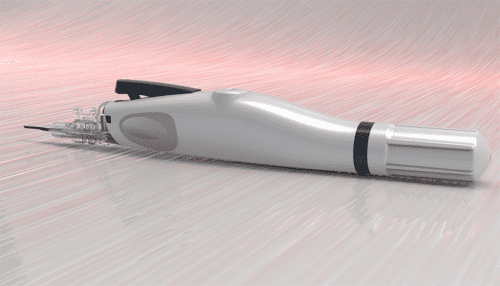 Angled render of the IOL injector handpiece highlighting the tapered design and precision delivery tip.