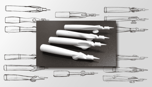 Arrangement of multiple IOL injector handpieces displayed over a sketch-style background showing concept variations.