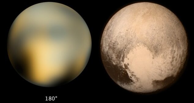 Source: NASA. Image at left is from the Hubble Space Telescope. The one at right is from New Horizons.