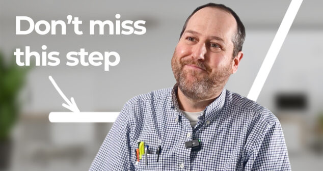 A smiling man with a beard and checkered shirt, sitting in front of a background with the text 'Don't miss this step' and an illustrated arrow pointing downwards.