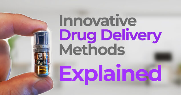 A close-up of a hand holding a small, capsule-shaped robotic device with visible internal components. The text overlay reads "Innovative Drug Delivery Methods Explained." The background is blurred, showing a clean, modern indoor setting.