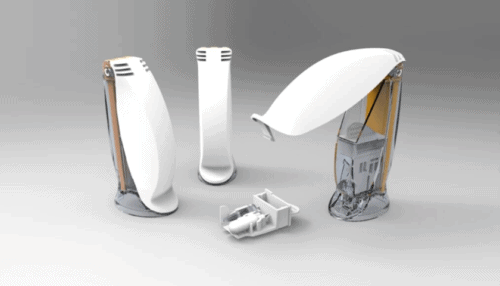 Rendered image of multiple cartridge housings and internal parts including white and translucent pieces used for IVD prototype development.