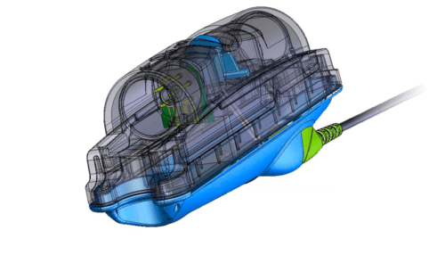 3D rendering of the Cardiac Recovery System acute controller showing internal components, wiring paths and external housing design.