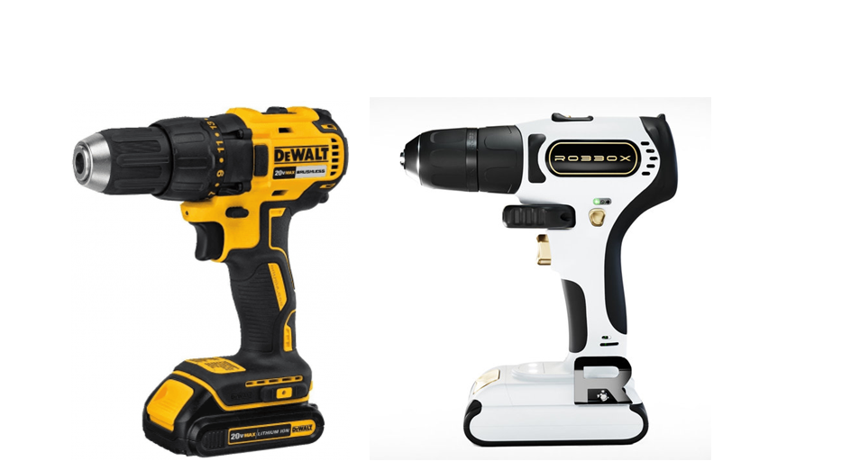 Two drills, one is a DeWalt drill that is yellow and black. The other is a Robbox drill that is white and black.