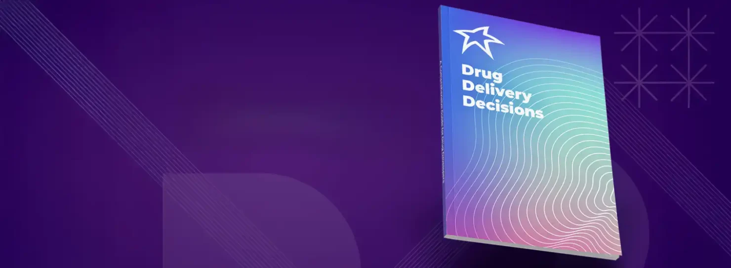 Cover of the free StarFish Medical guide “Drug Delivery Decisions,” featuring a gradient design with wave patterns, offering insights on drug-device combination product strategy.