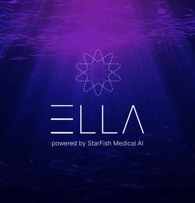 ELLA logo with a stylized geometric design above the text 'ELLA powered by StarFish Medical AI' on a deep blue and purple background with underwater light rays shining through.