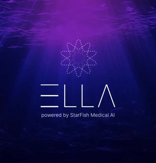 ELLA AI FDA regulatory research tool ELLA logo with a stylized geometric design above the text 'ELLA powered by StarFish Medical AI' on a deep blue and purple background with underwater light rays shining through.