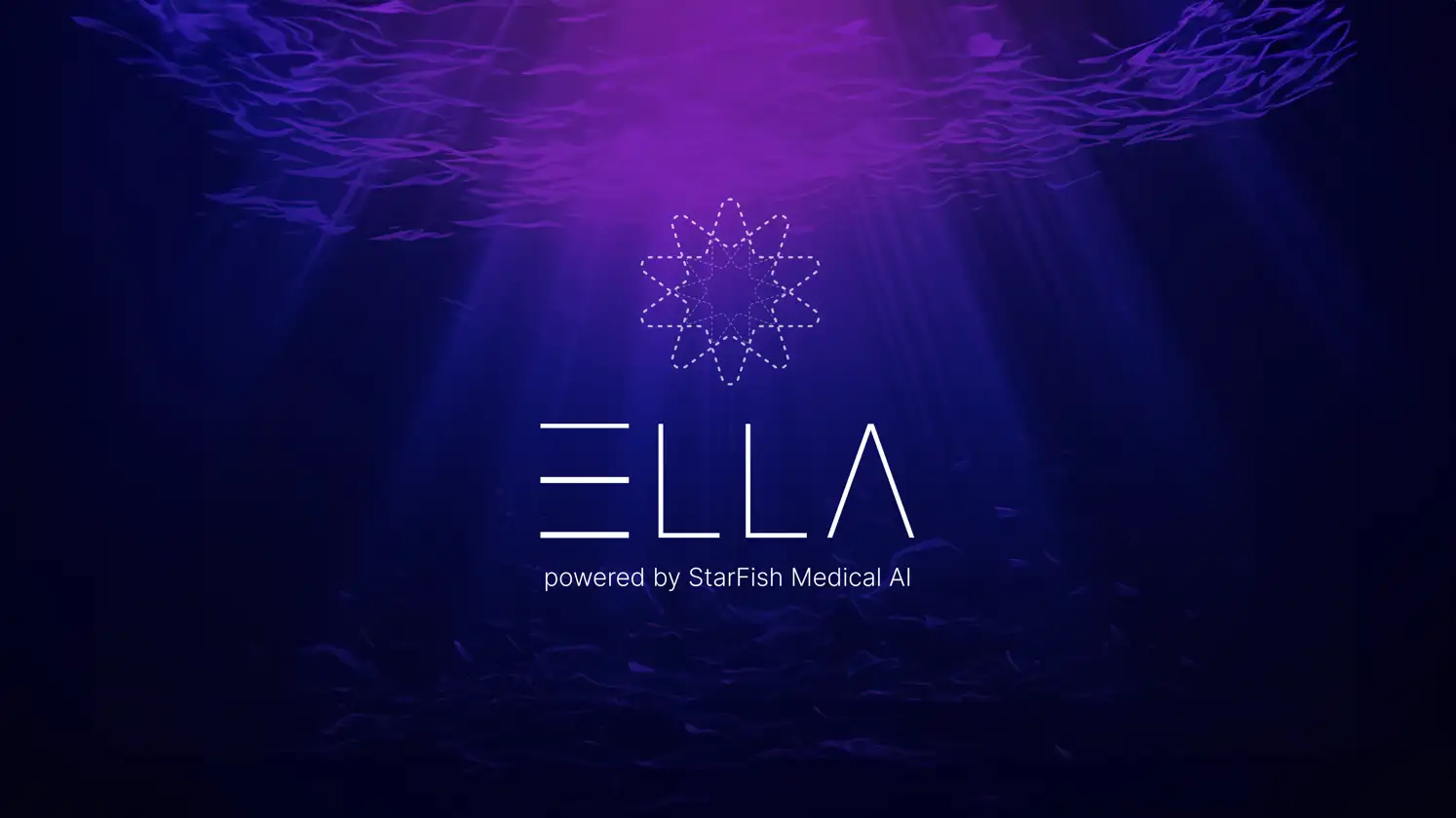 ELLA AI FDA regulatory research tool ELLA logo with a stylized geometric design above the text 'ELLA powered by StarFish Medical AI' on a deep blue and purple background with underwater light rays shining through.