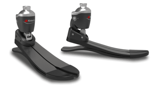 Rendered image of two Kinterra prosthetic ankle and foot systems showing the hydraulic ankle module and carbon fiber foot blade.