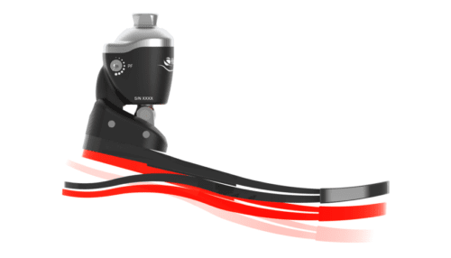 Rendered Kinterra prosthetic ankle with red illustrated load paths highlighting motion and energy transfer through the carbon fiber foot blade.
