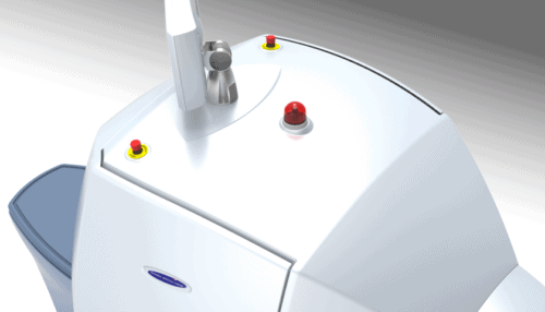Close-up render of the Gamma Medica imaging system control panel featuring emergency stop buttons and top-mounted interface components.