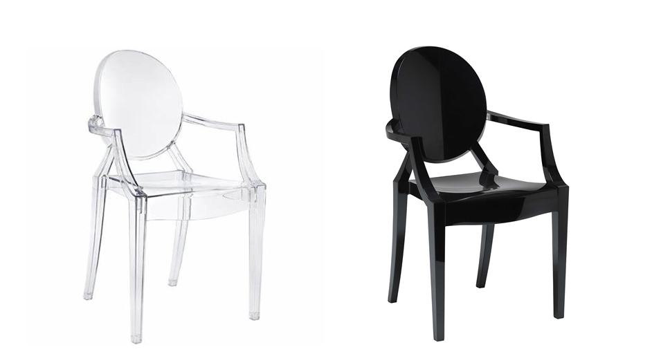 Two chairs, one that is see-through and one that is all black.