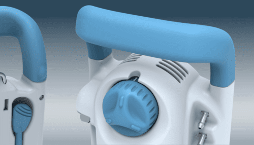 Close-up view of the HELIOS portable oxygen system showing the carry handle, connector port and control interface.