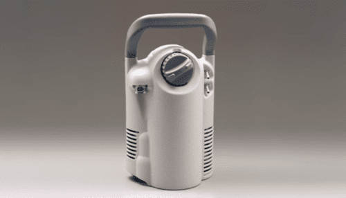 A HELIOS portable liquid oxygen system shown from a front angle highlighting the handle, vents and compact housing.