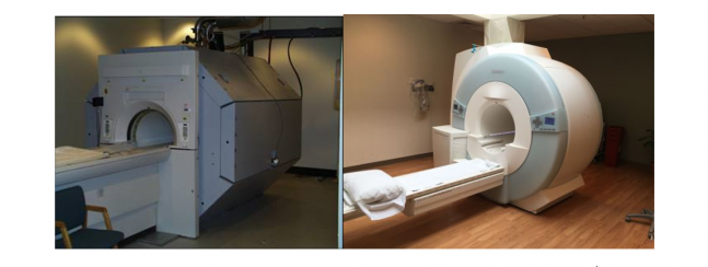 One MRI machine is large and box-shaped. The other is significantly smaller with a circular design. 