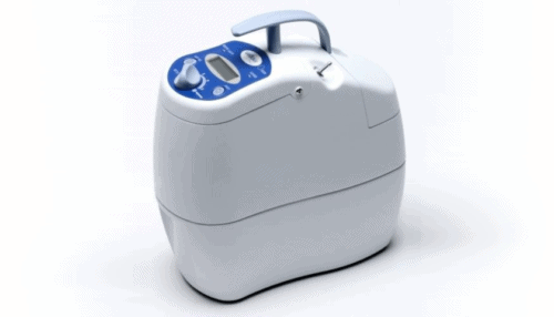 Inogen One Oxygen Concentrator shown in a simple front angle view highlighting the carry handle and air intake vents.