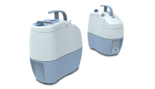 Rendered image of two Inogen One Oxygen Concentrator units in blue and white showing handle, vents and compact form.