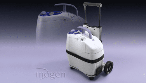 Close-up view of the Inogen oxygen concentrator’s internal intake vent and fan housing showing technical details.