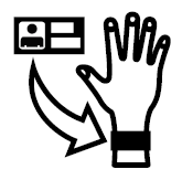 an outline of an id card with an arrow pointing to a raised hand with a bracelet.