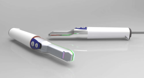 Rendered view of an intraoral scanner with illuminated scanning tip, showing the device’s white body, side buttons, and optical imaging window.