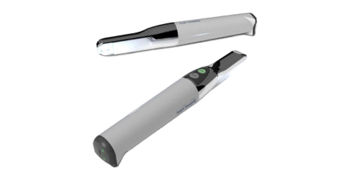 Rendered image of two handheld intraoral scanners with metallic tips and ergonomic white housings used for capturing dental impressions.