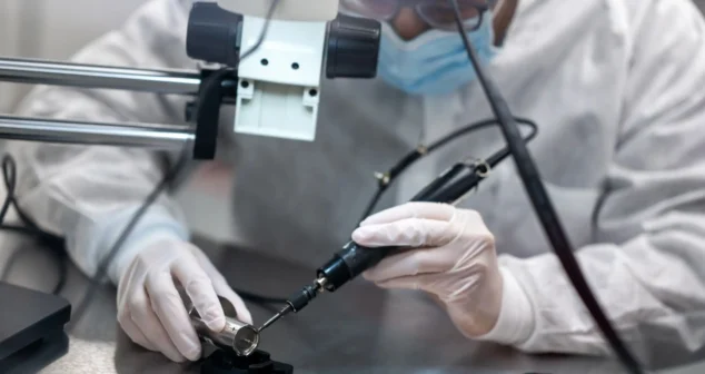 Medical device commercial readiness depends on repeatable assembly, as a cleanroom technician works under a microscope