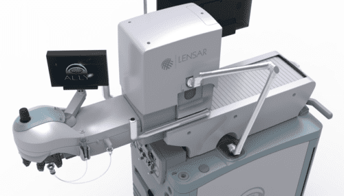 Close-up render of the LENSAR ALLY Adaptive Cataract Treatment System showing the laser unit, mechanical arm and device housing.