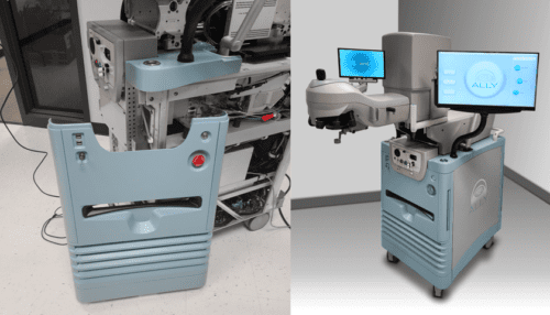 Clinician operating the LENSAR ALLY cataract treatment system showing the console, display and patient positioning area.