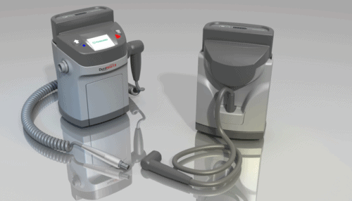 Rendered LVAD pump controller and companion battery pack placed side by side with connected tubing and power cables.