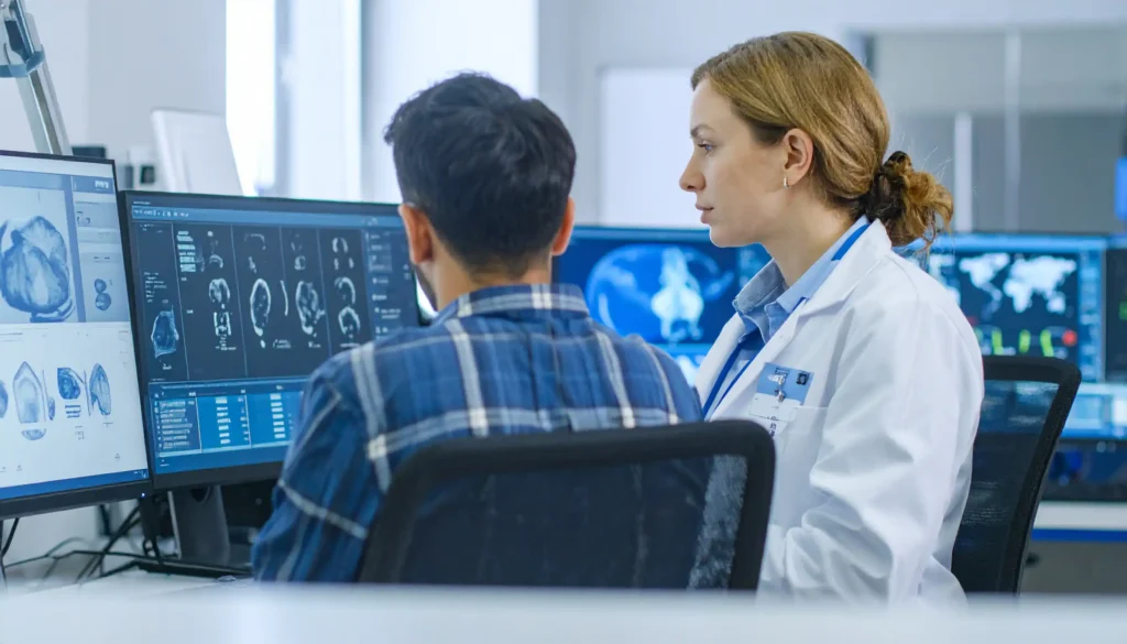 Laboratory environment showing engineers and clinicians collaborating over monitors