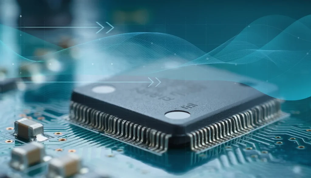 Embedded microcontroller on PCB with waveform overlay illustrating CMSIS-DSP and edge AI signal processing