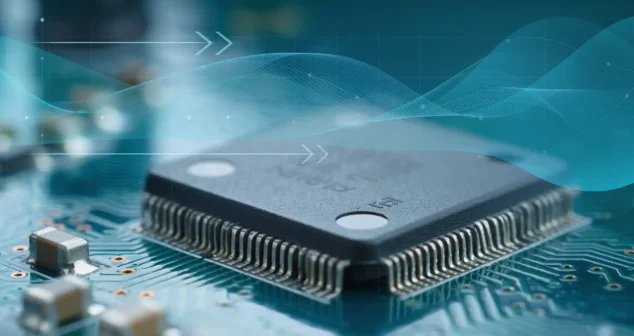 Embedded microcontroller on PCB with waveform overlay illustrating CMSIS-DSP and edge AI signal processing